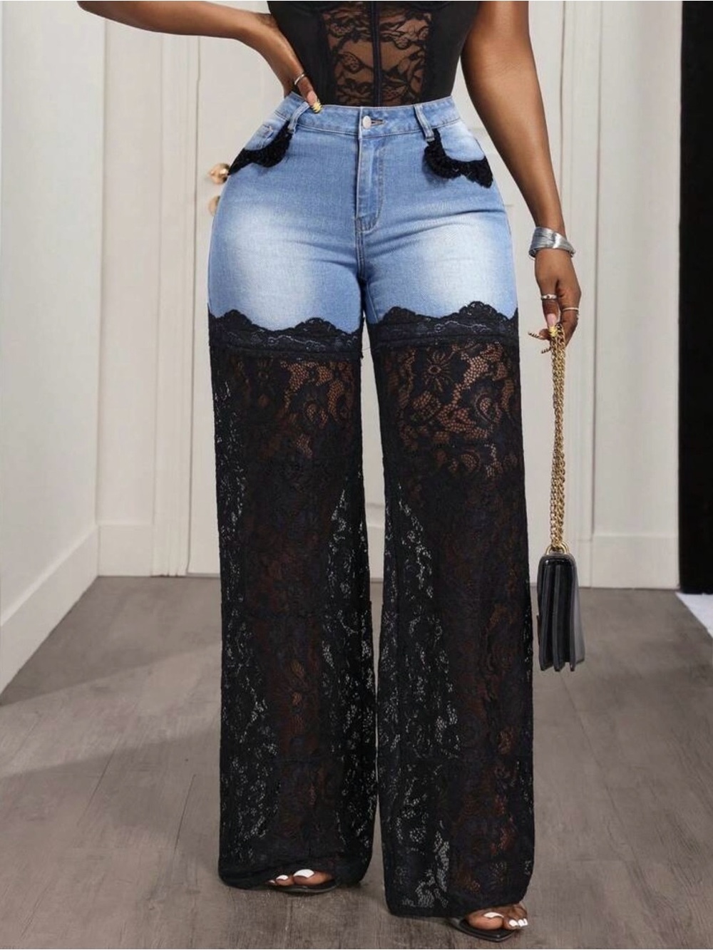 High-Waist Two-Tone Lace Panel Jeans - Black Lace, Light Blue Denim